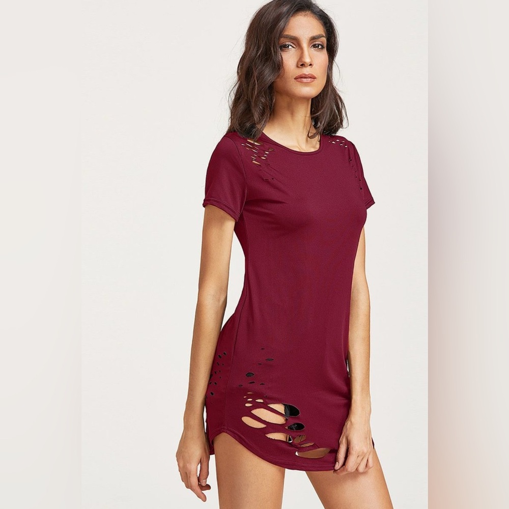 Burgandy 🔥 Hot Distressed T-Shirt Dress